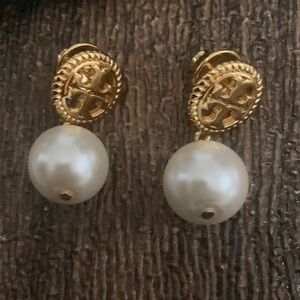 Tory Burch Pearl Logo Drop Earrings | Gold| Designer Find